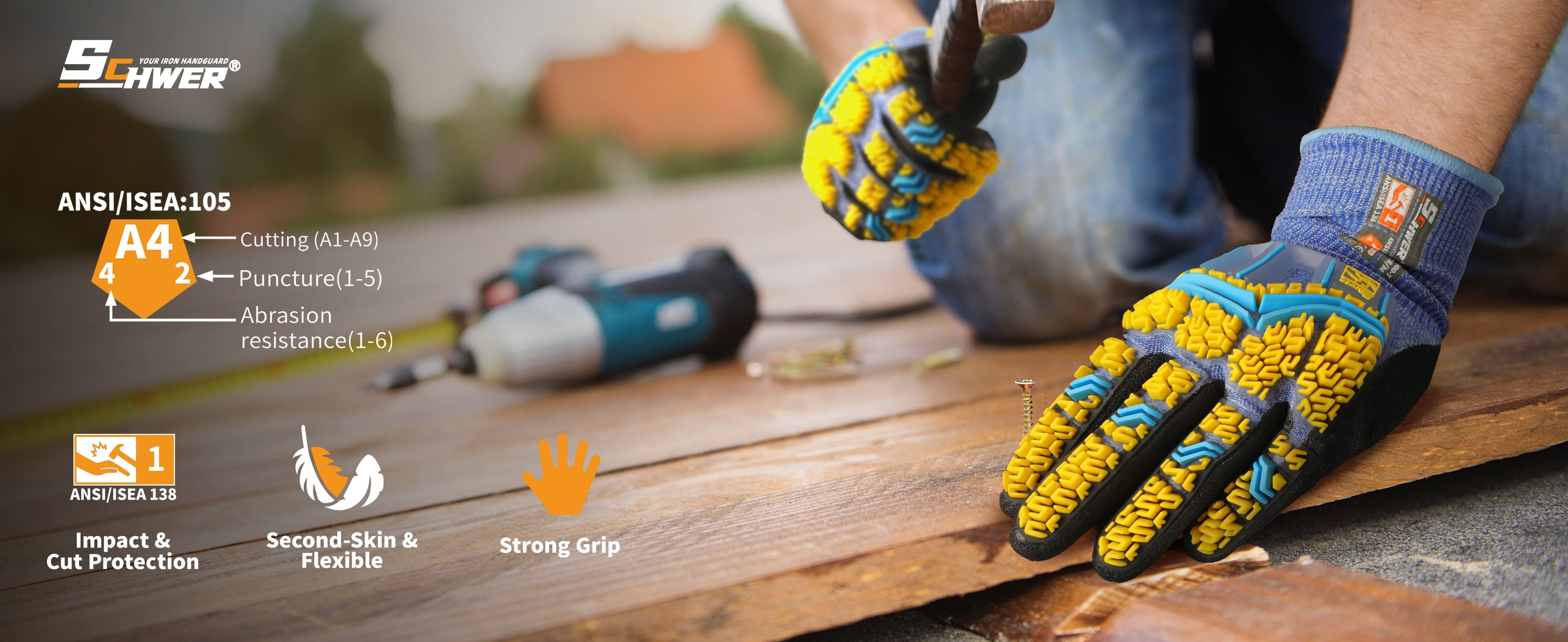 Person wearing gloves using a tool on wood with safety glove features highlighted
