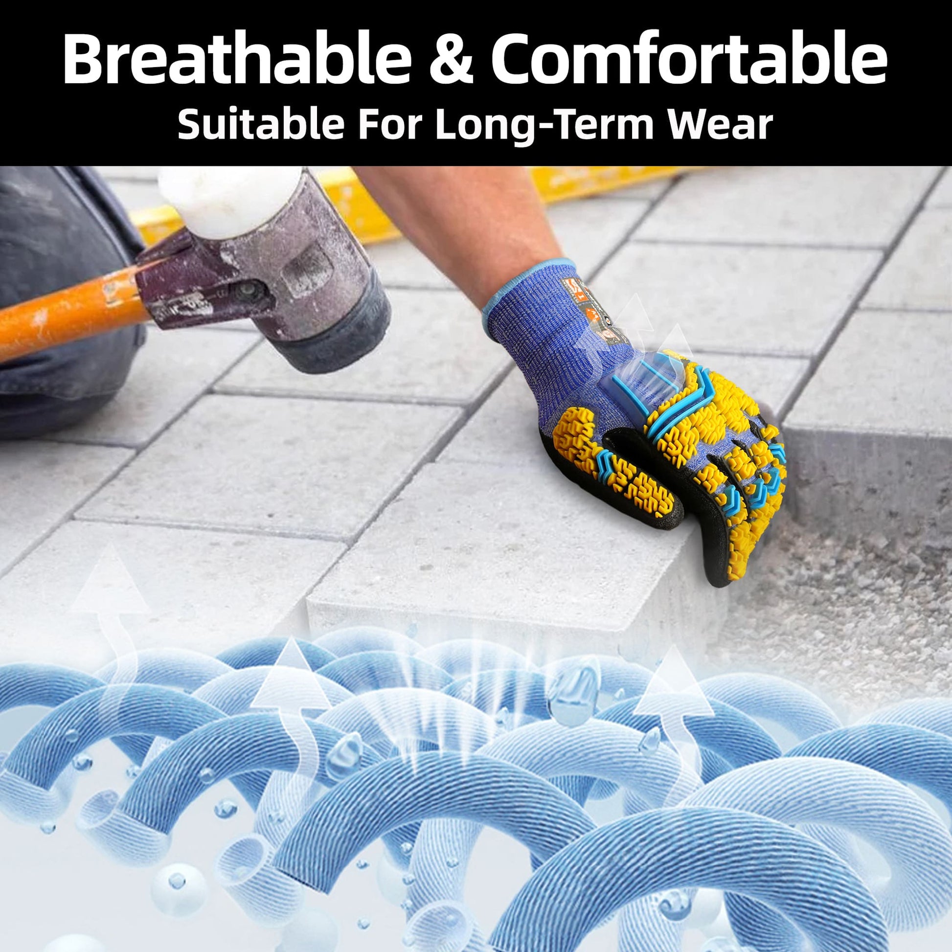 Worker wearing breathable, comfortable Schwergloves protective gloves installing concrete pavers with rubber mallet