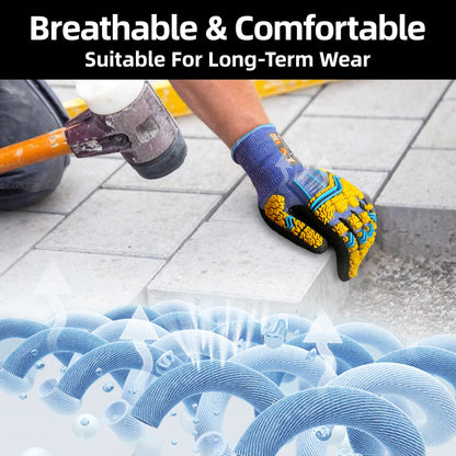 Worker wearing breathable, comfortable Schwergloves protective gloves installing concrete pavers with rubber mallet