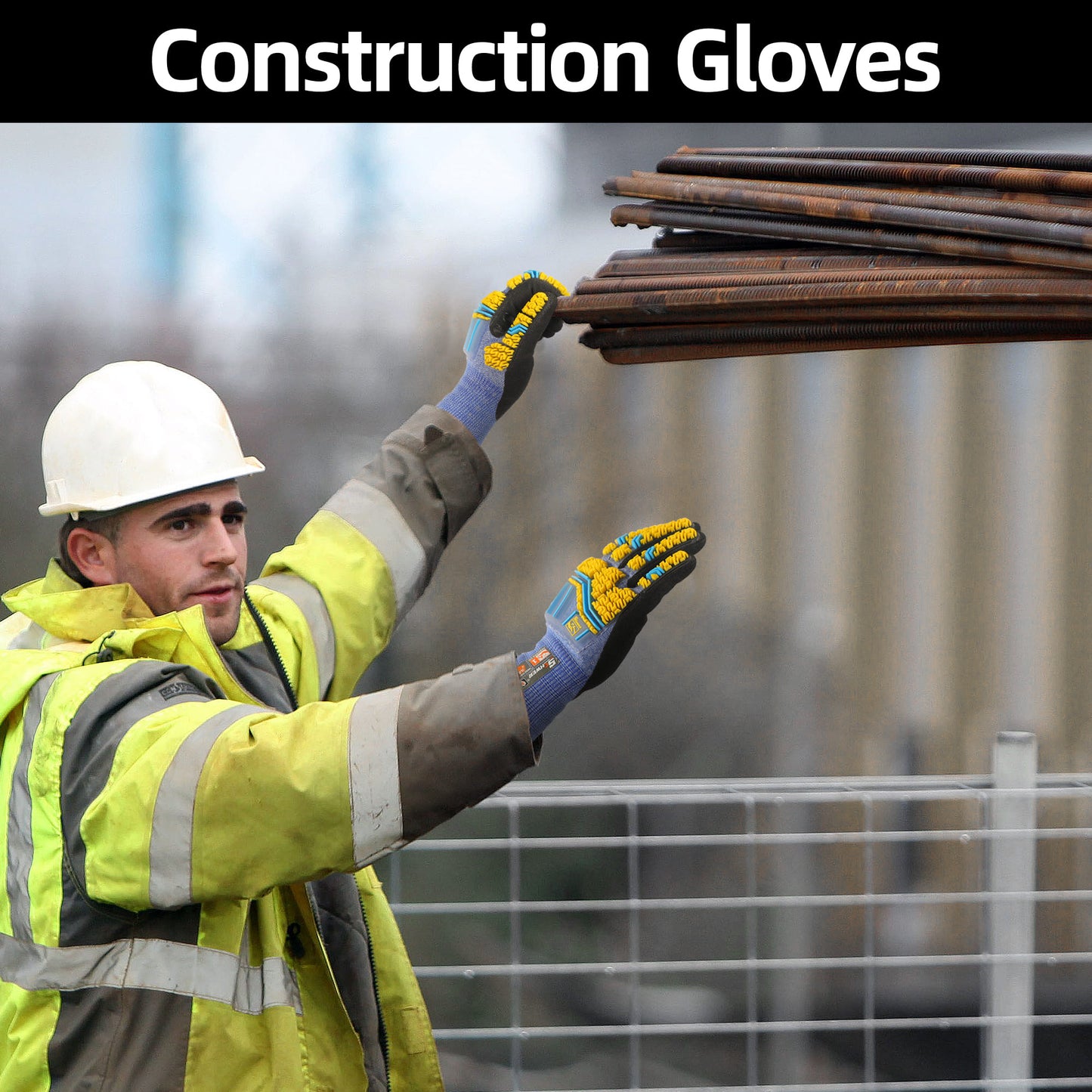 Construction worker wearing protective gloves and safety jacket handling steel rods outdoors