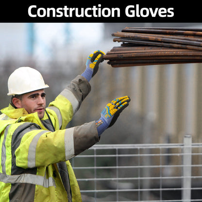Construction worker wearing protective gloves and safety jacket handling steel rods outdoors