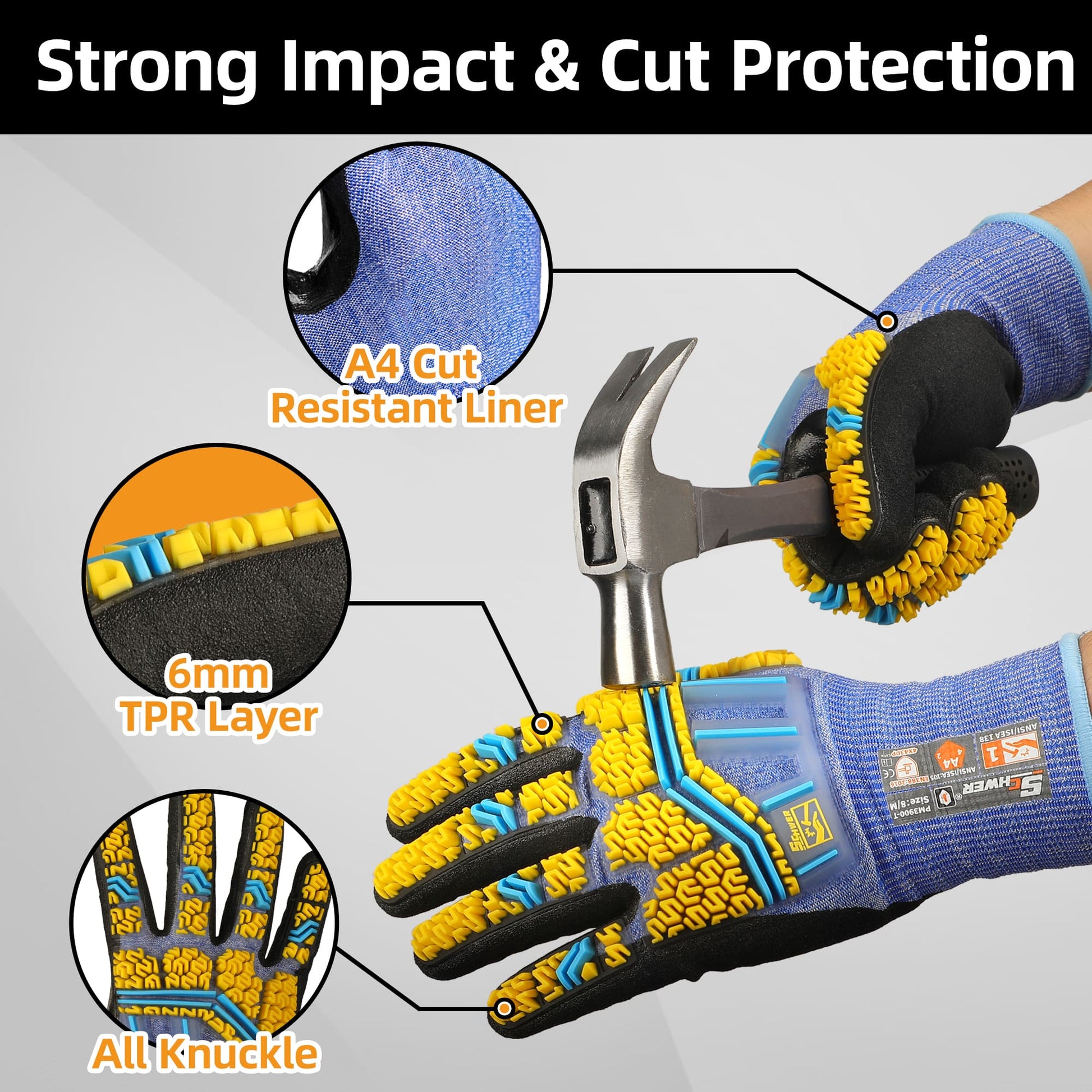 Schwergloves work gloves with 6mm TPR layer, A4 cut resistant liner, and all knuckle protection gripping a hammer