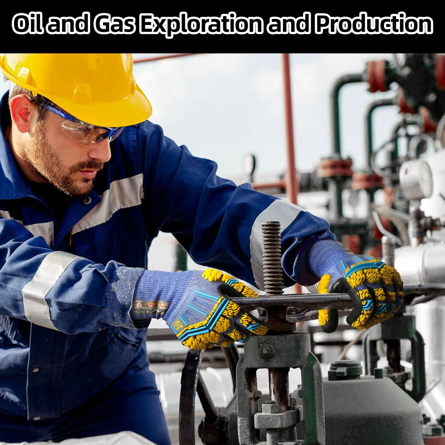 Worker in yellow hard hat and blue protective gloves operating valve in oil and gas exploration facility