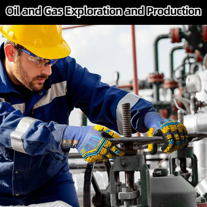 Worker in yellow hard hat and blue protective gloves operating valve in oil and gas exploration facility