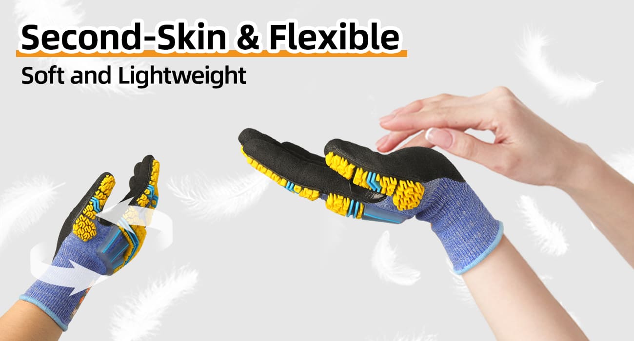 Gloves with text 'Second-Skin & Flexible, Soft and Lightweight' on a white background
