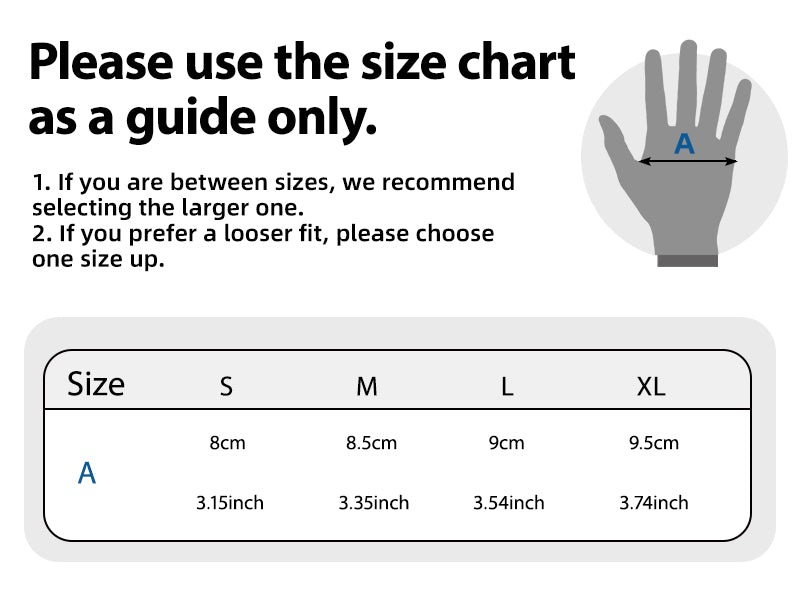Size chart for gloves with measurements in centimeters and inches.