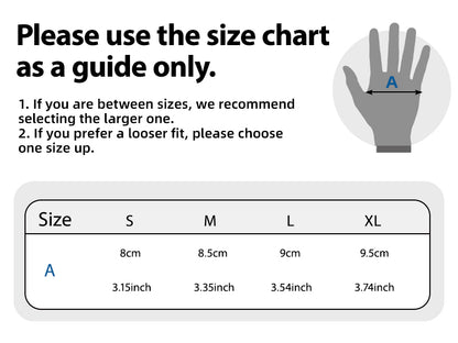 Size chart for gloves with measurements in centimeters and inches.