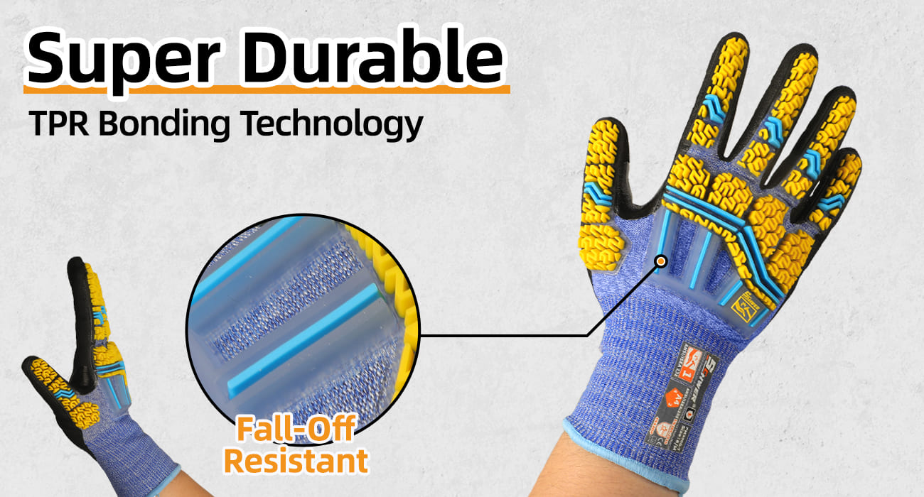 Blue work gloves with yellow accents and TPR bonding technology highlighted on a gray background.