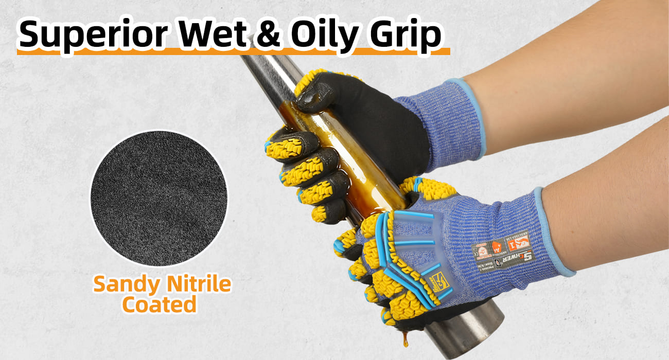 Person wearing Sandy Nitrile Coated gloves with superior wet and oily grip on a white background