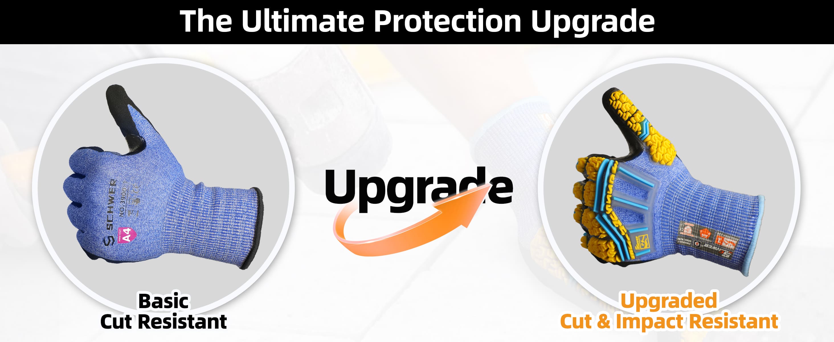 Gloves with text 'The Ultimate Protection Upgrade' and 'Upgrade' logo.