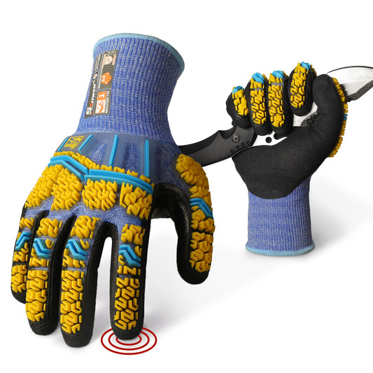Pair of Schwer cut resistant work gloves in blue with yellow protective padding, one gripping a black folding knife