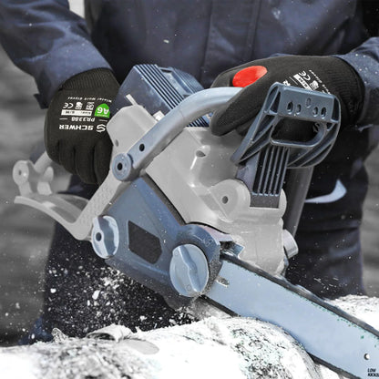 Person using a blue-gray chainsaw wearing black SCHWER work gloves cutting a log outdoors