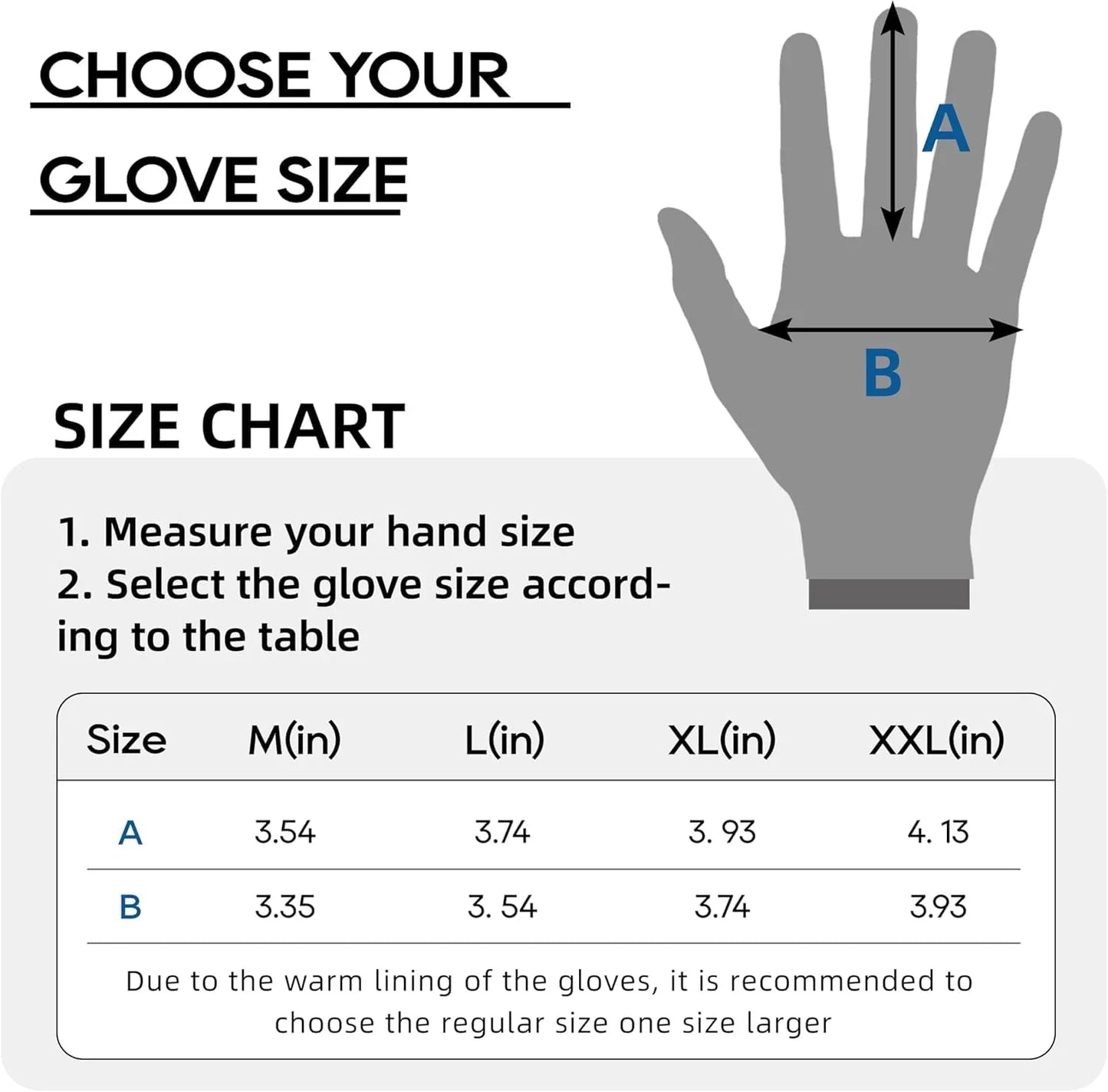Glove size chart showing hand measurement guidelines and size conversions for M to XXL gloves
