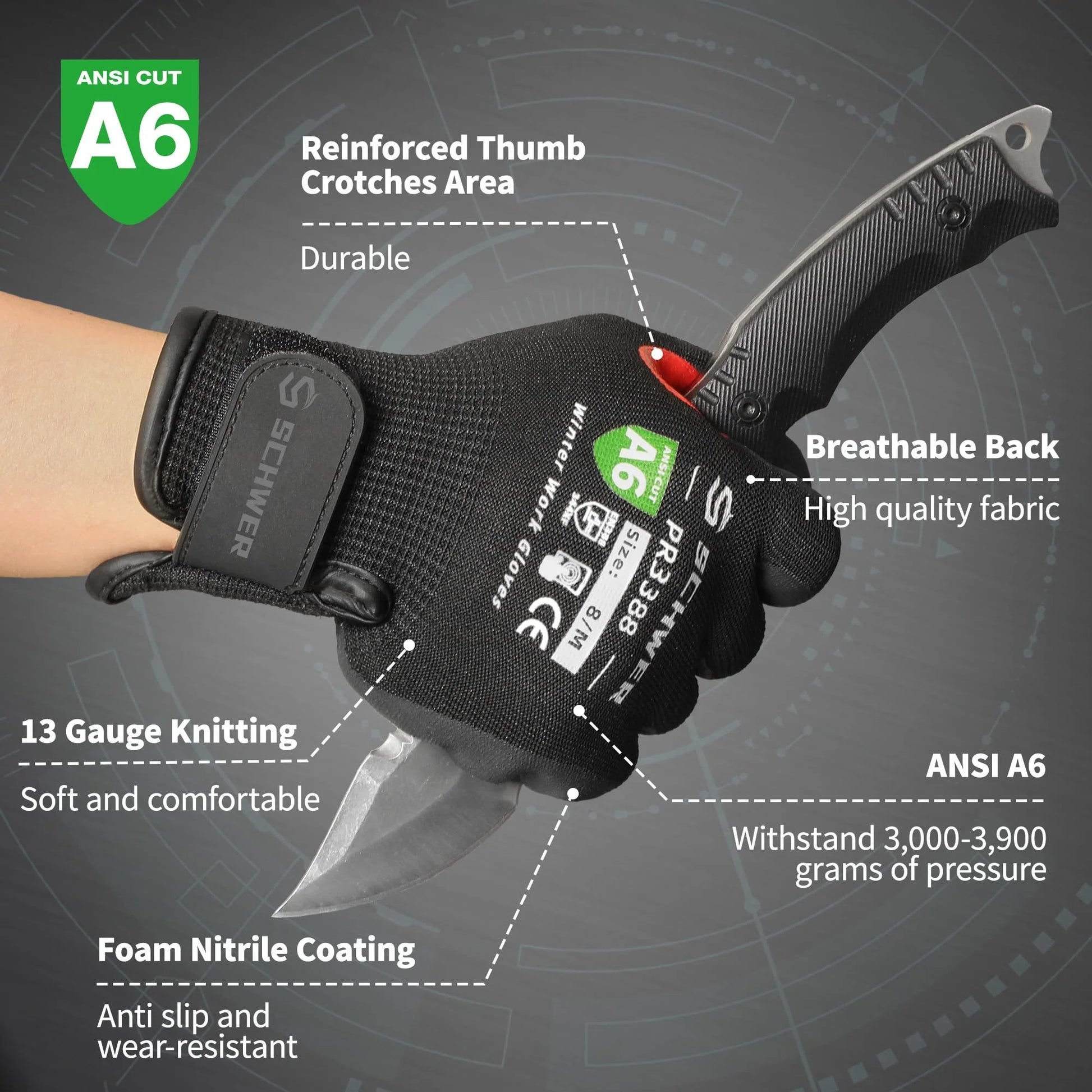 Black ANSI A6 cut-resistant work glove with reinforced thumb, breathable back, foam nitrile coating, holding a knife