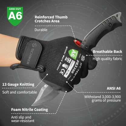 Black ANSI A6 cut-resistant work glove with reinforced thumb, breathable back, foam nitrile coating, holding a knife