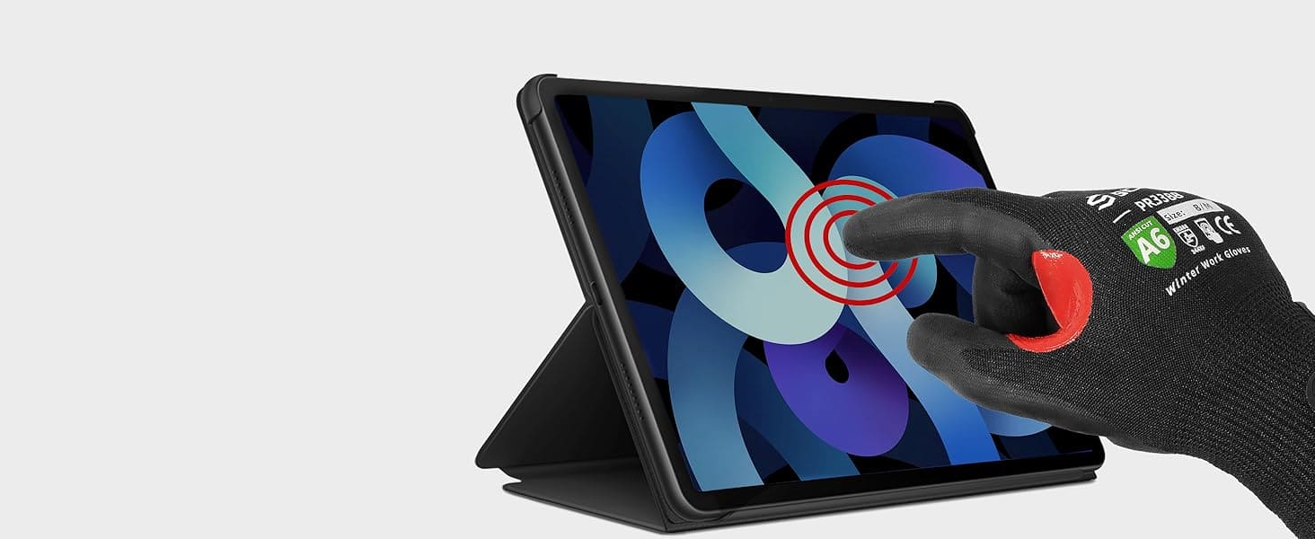 Hand wearing a black glove with a red circle pointing to a screen on a tablet device.