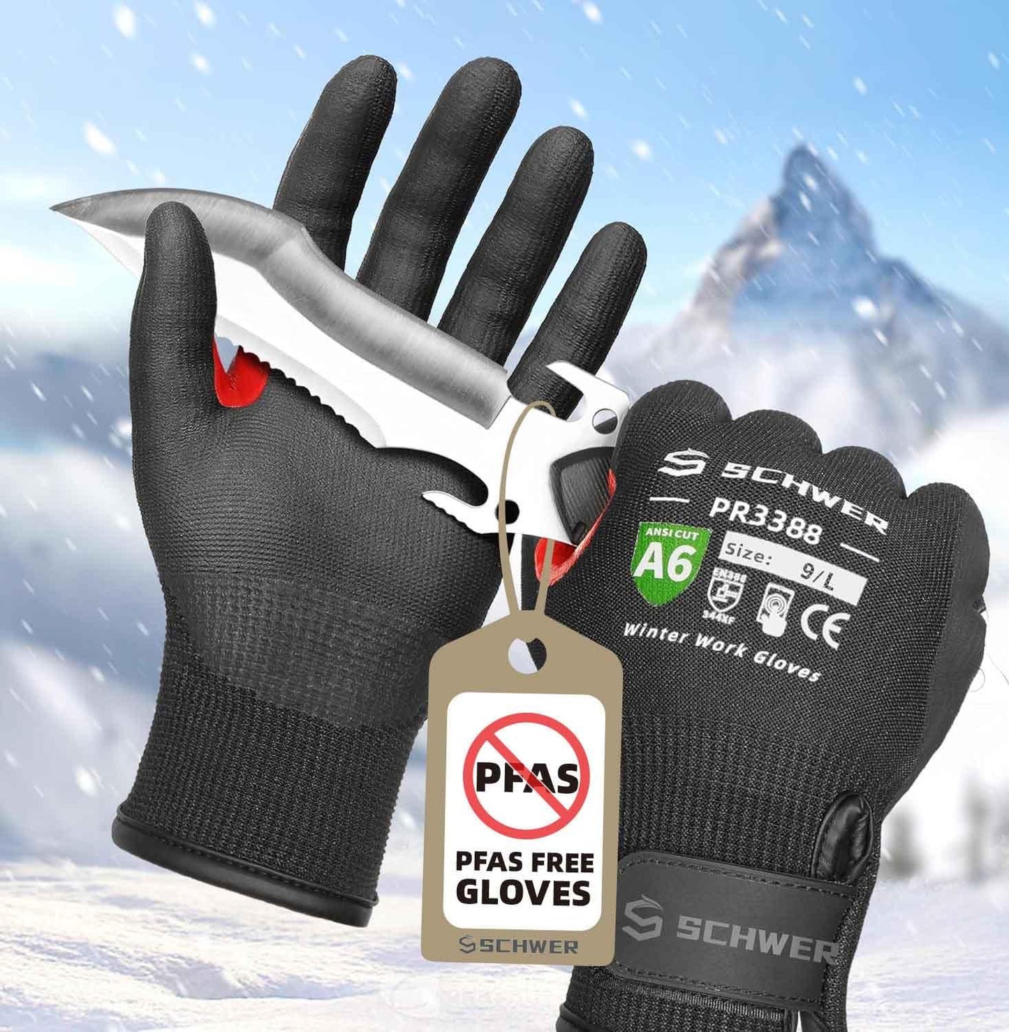 Black SCHWER PR3388 winter work gloves, size 9/L, cut-resistant A6, holding knife in snowy mountain setting