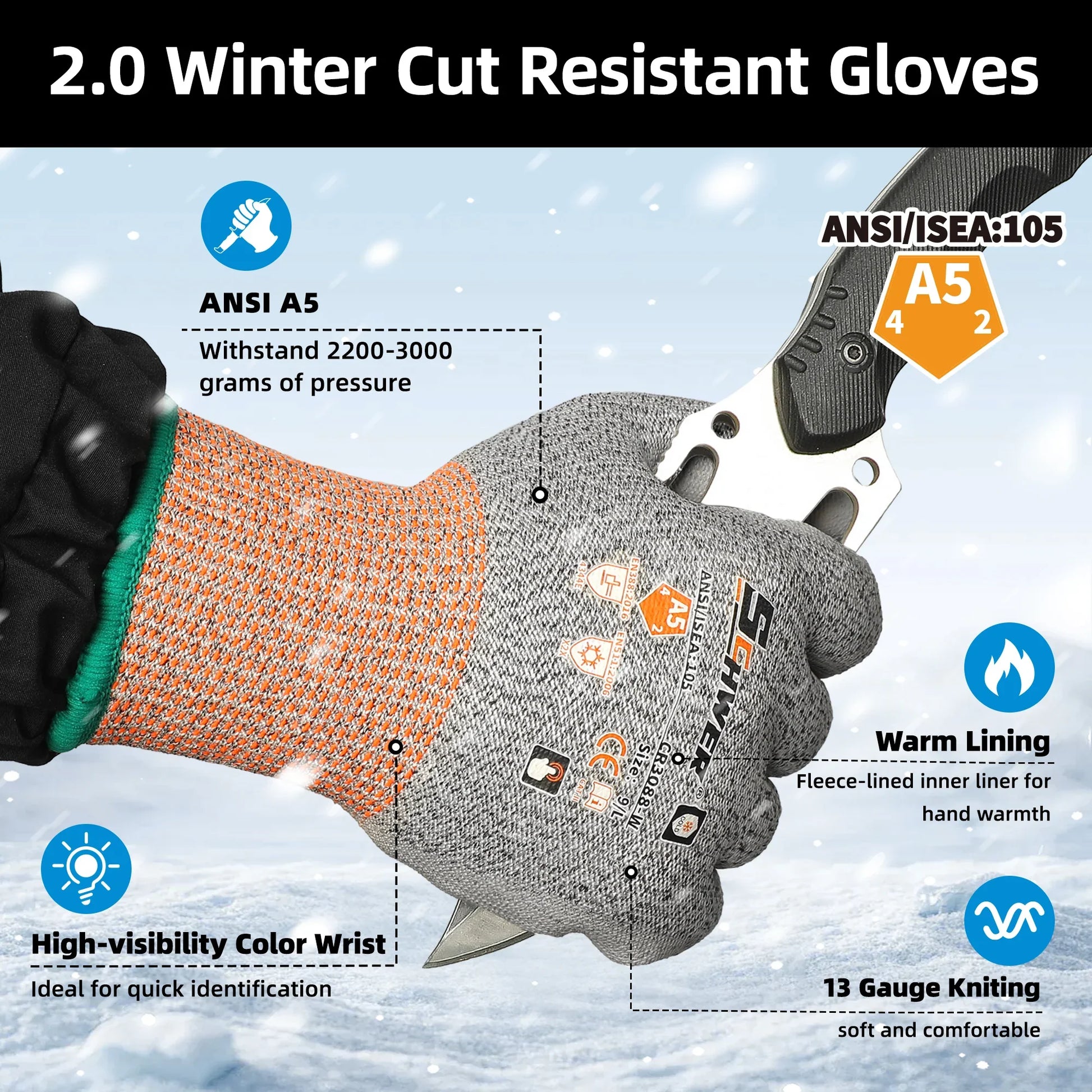 Winter cut resistant gloves with high-visibility orange wrist, fleece lining, and ANSI A5 protection holding a knife