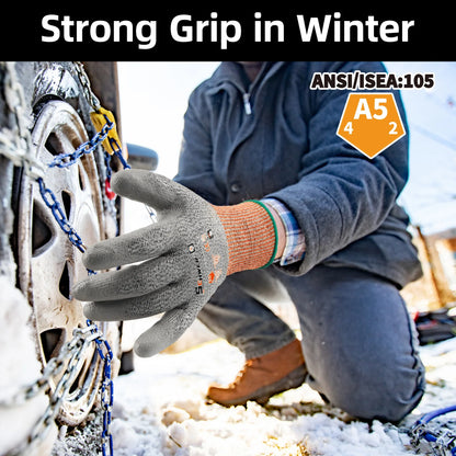 Person wearing cut-resistant winter gloves securing tire snow chains on a car wheel in snowy conditions