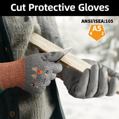 Person wearing gray and orange cut protective gloves carving wood with a knife, ANSI/ISEA A5 rating