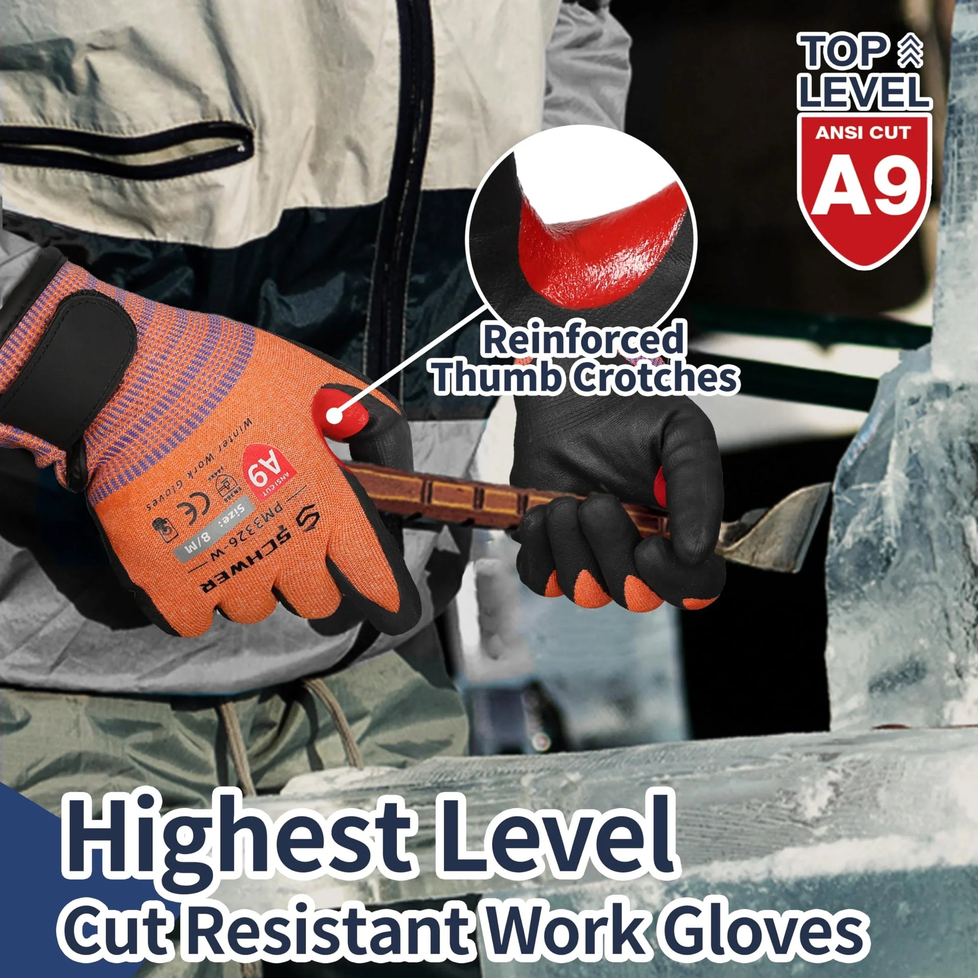 Worker wearing orange and black ANSI A9 cut resistant gloves with reinforced thumb crotches, carving ice