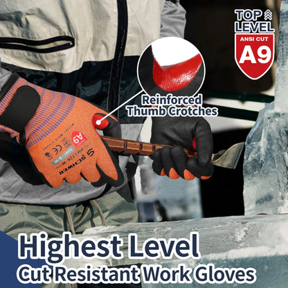 Worker wearing orange and black ANSI A9 cut resistant gloves with reinforced thumb crotches, carving ice