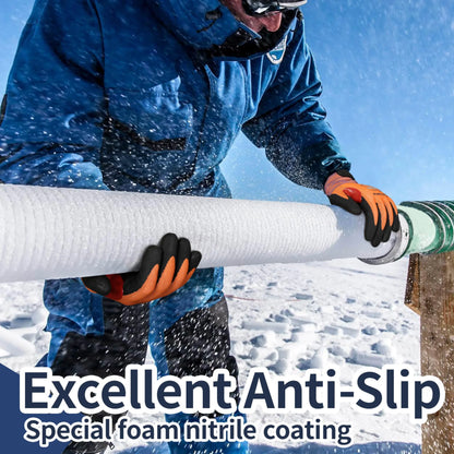 Worker wearing anti-slip foam nitrile gloves handling ice-covered pipe in snowy outdoor setting
