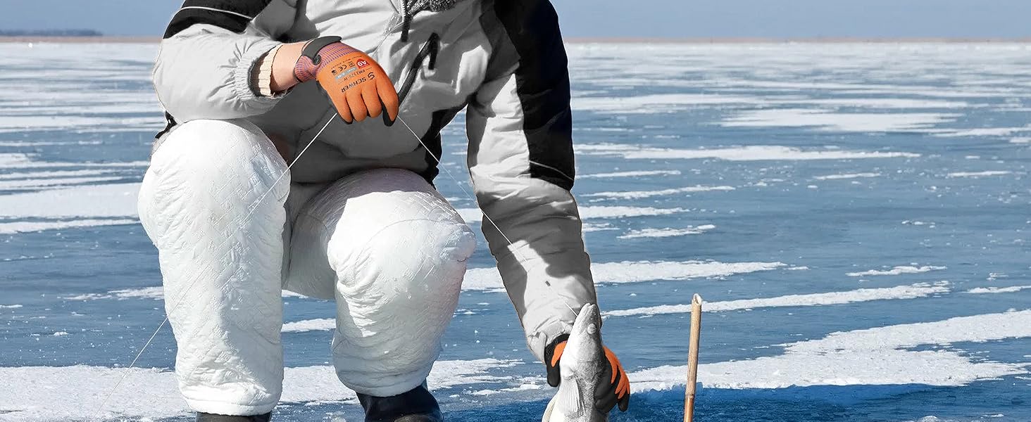 Person in winter clothing using a tool on a frozen surface