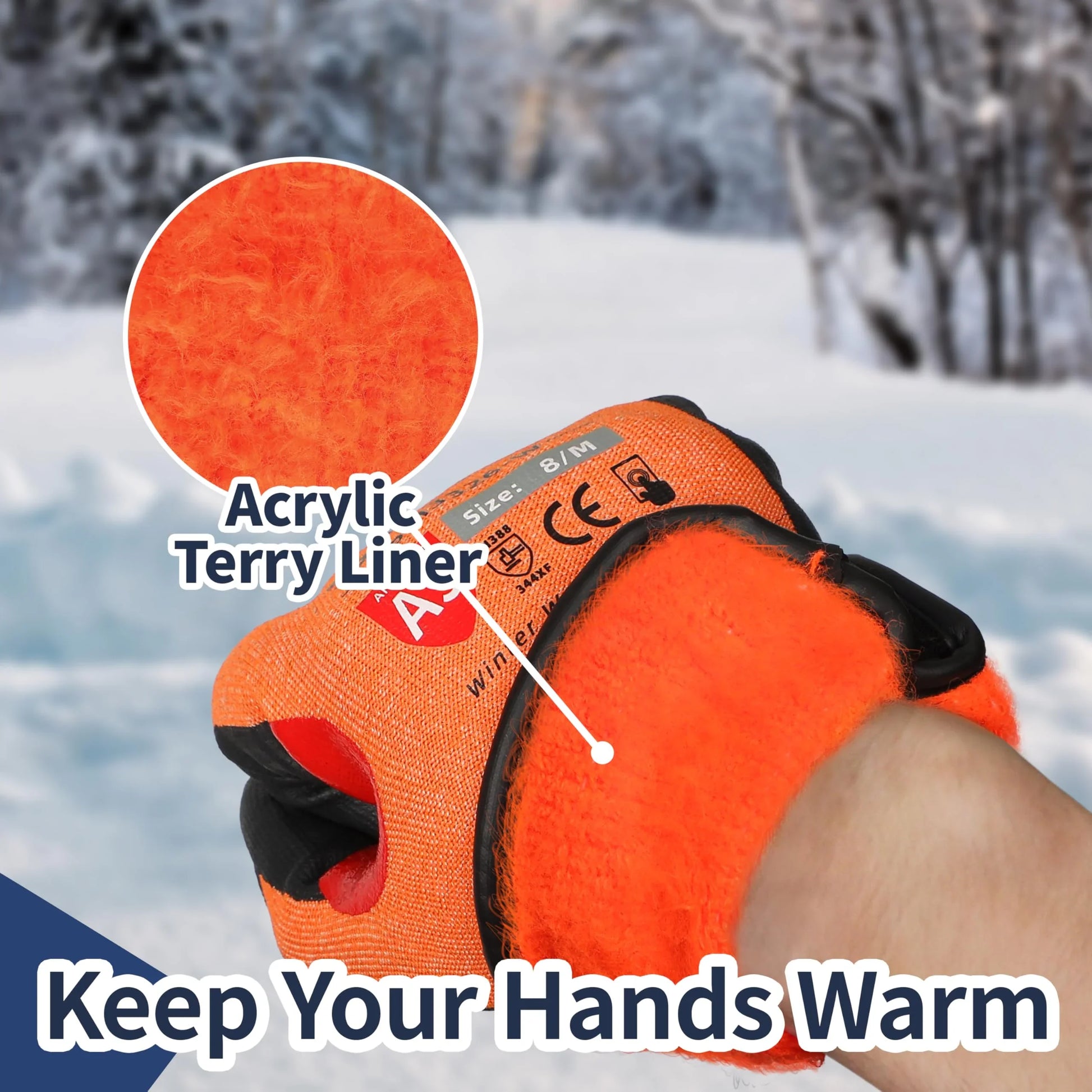 Close-up of orange acrylic terry liner gloves worn outdoors in snowy winter setting