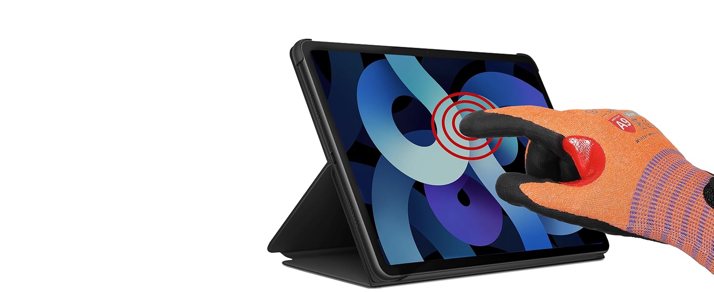 Hand holding a stylus over a tablet with a colorful display on a white background