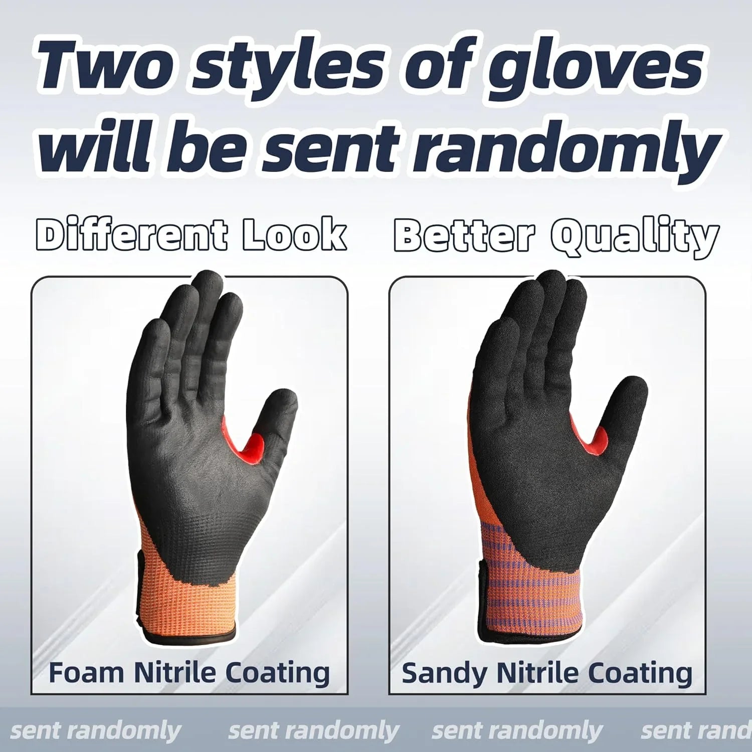 Two styles of orange and black safety gloves with foam and sandy nitrile coating shown side by side