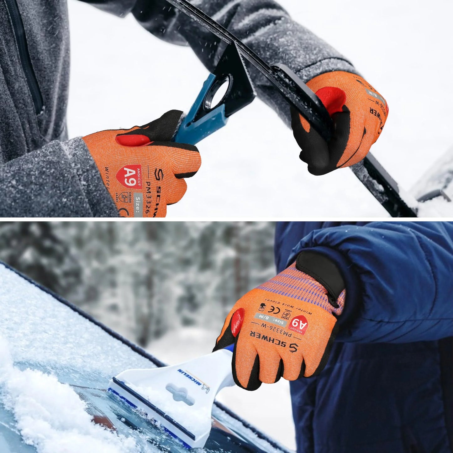 Person wearing orange safety gloves using tools to remove snow and ice from car windshield