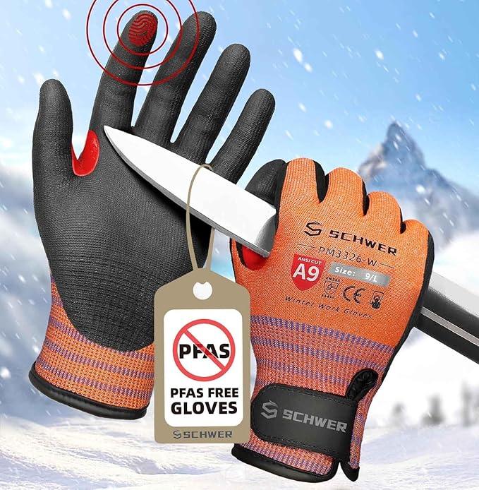Schwer orange and black winter work gloves with A9 ANSI cut resistance, shown holding knife, PFAS free label.