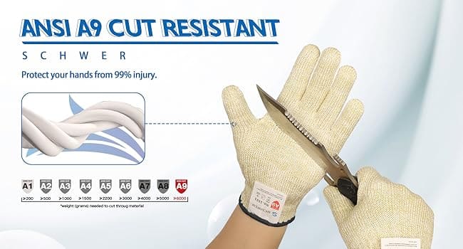 ANSI A9 cut-resistant gloves with a knife being held by a hand, on a light blue background.