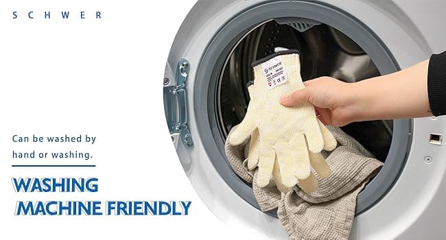 Hand holding a glove with a label in front of a washing machine, emphasizing washing machine friendliness.