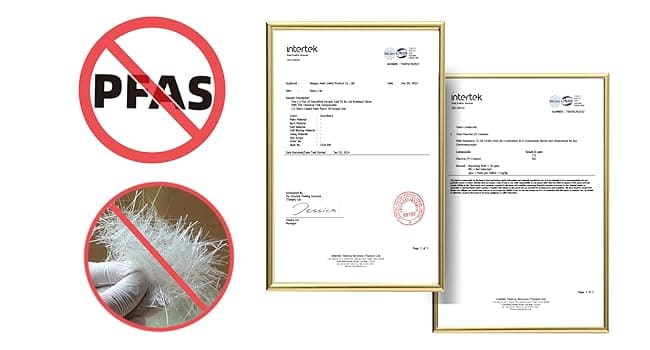 Two framed documents with a 'No Pfas' symbol and a close-up of fibers on a white background.