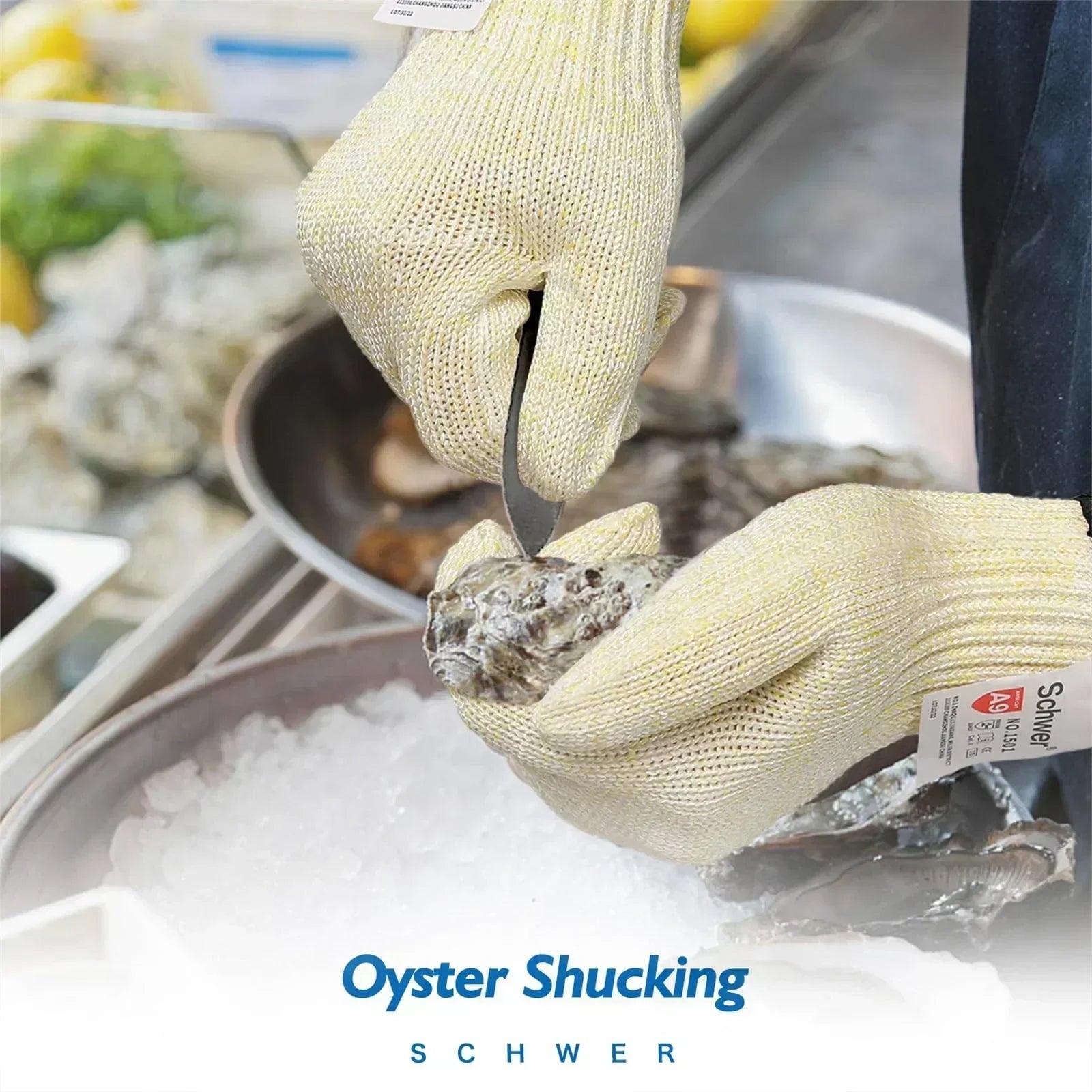 Hands wearing protective gloves shucking oysters over ice in a seafood setting