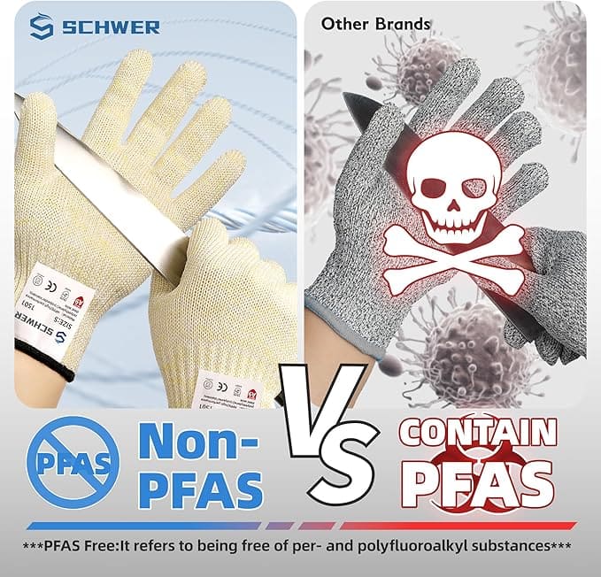 Comparison of Schwer cut-resistant gloves without PFAS vs. other brands with PFAS, featuring a skull and crossbones symbol.
