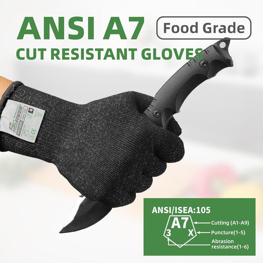 Black ANSI A7 cut resistant food grade gloves holding a sharp knife with safety rating details