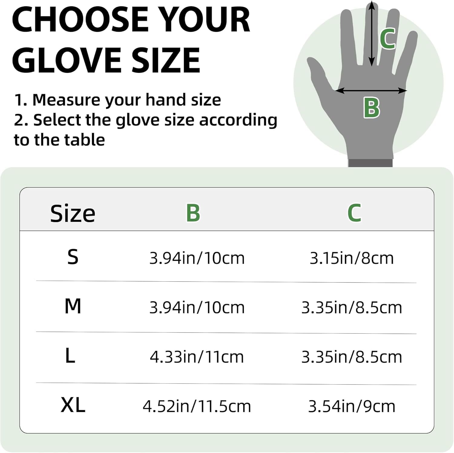 Glove size chart with hand measurement guide showing width (B) and length (C) in inches and cm for sizes S to XL