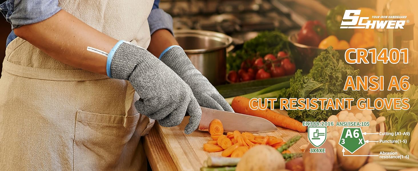 Person wearing cut-resistant gloves cutting vegetables with a knife, promoting Schwei gloves.