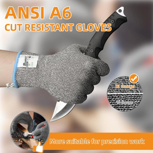 Gray cut resistant work glove holding a knife, showcasing ANSI A6 safety level for precision tasks