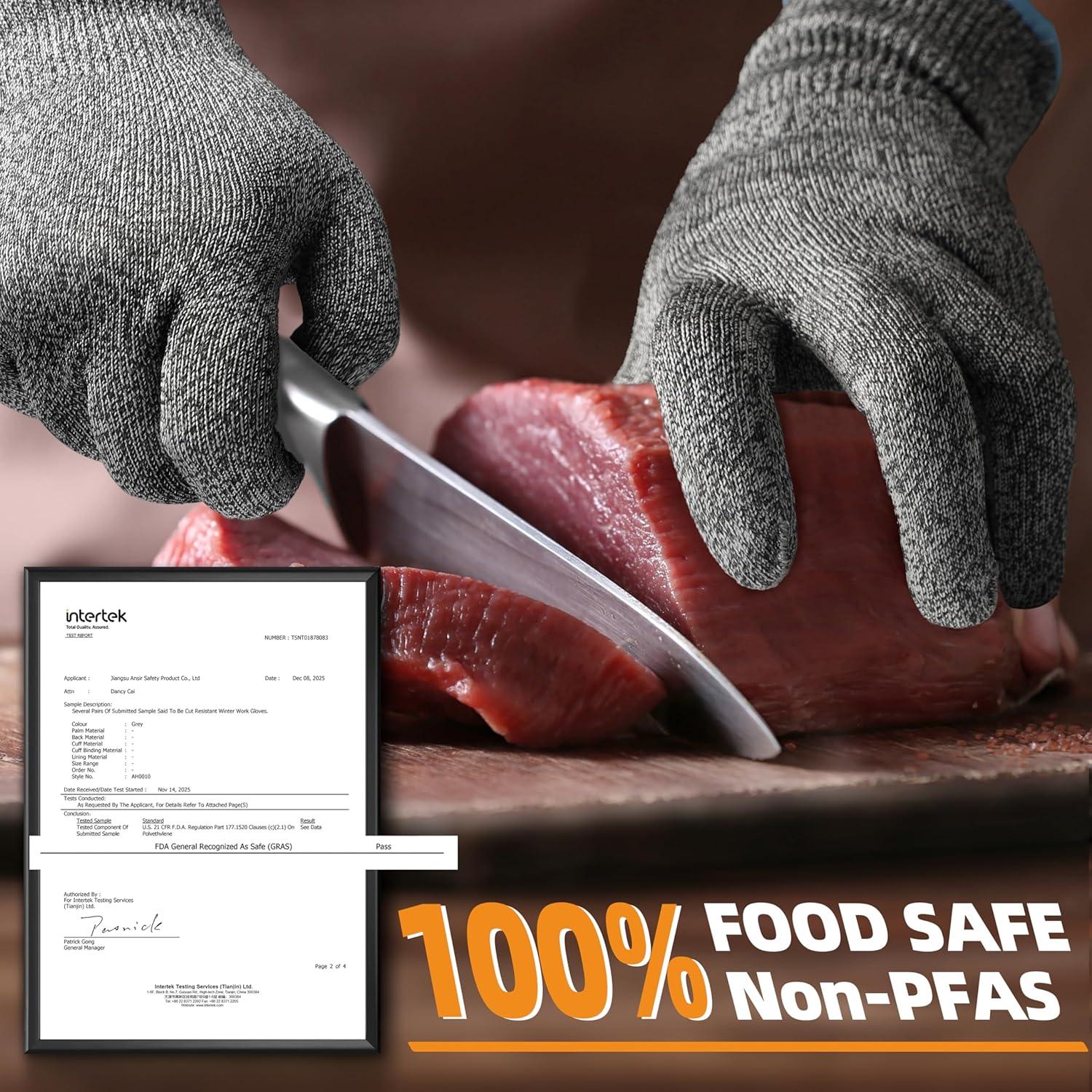 Gray cut resistant work gloves slicing raw meat with knife, labeled 100% food safe and non-PFAS.