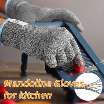 Cut resistant kitchen gloves slicing food on mandoline, PPE for safe food prep by Schwer