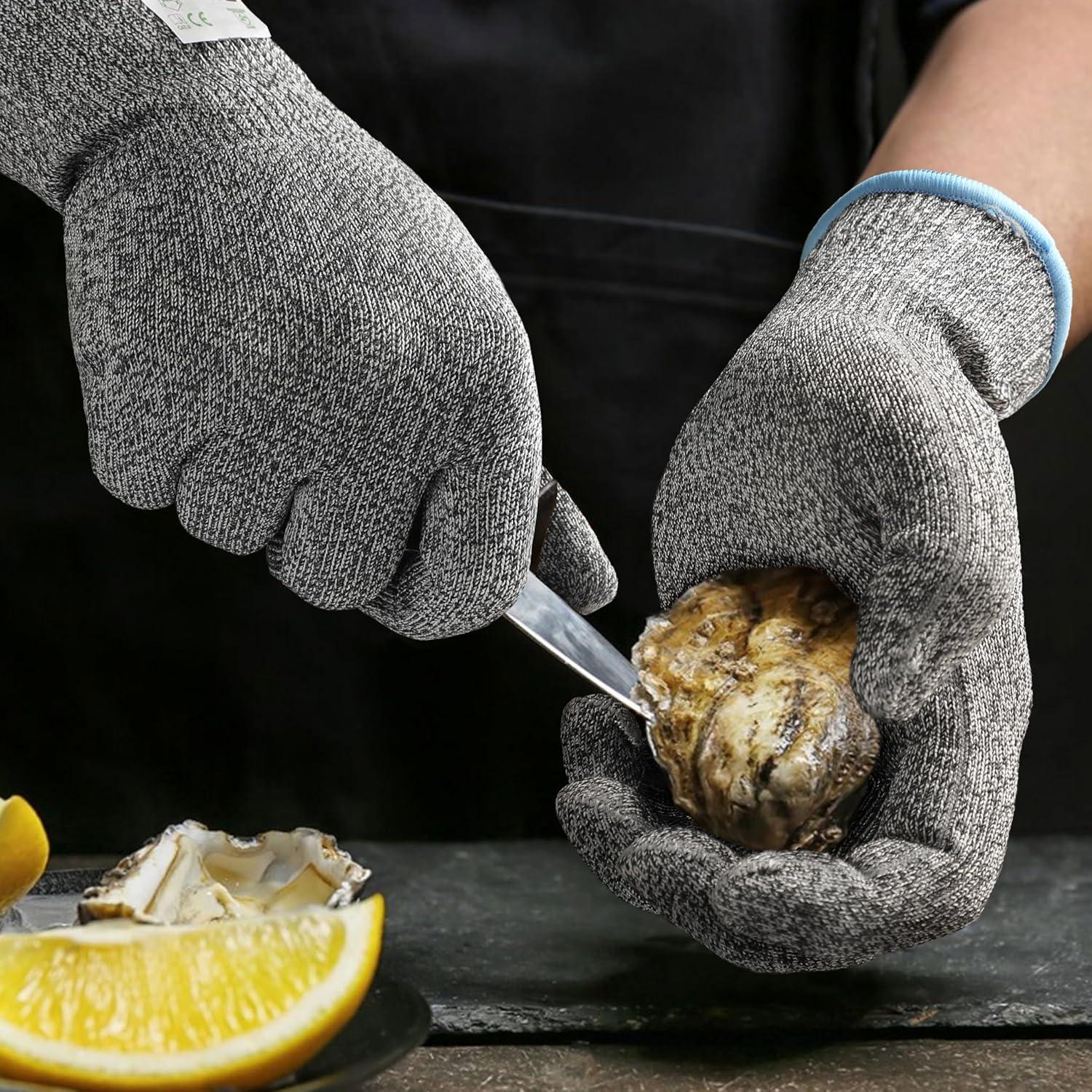 Cut resistant gloves opening oyster with knife, Schwergloves PPE for kitchen safety
