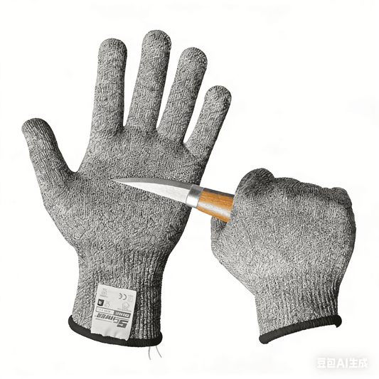 Pair of gray cut-resistant gloves with a knife piercing one of them on a white background