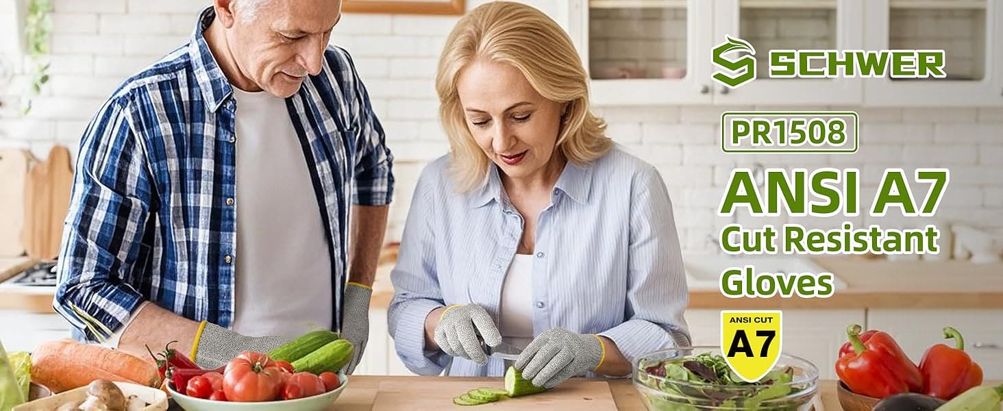 Man and woman preparing food in a kitchen with Schwer ANSI A7 cut-resistant gloves displayed.