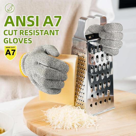 Hands wearing ANSI A7 cut resistant gloves grating cheese with a metal grater on wooden board