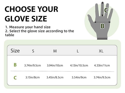 Glove size chart with hand measurement guide and size chart