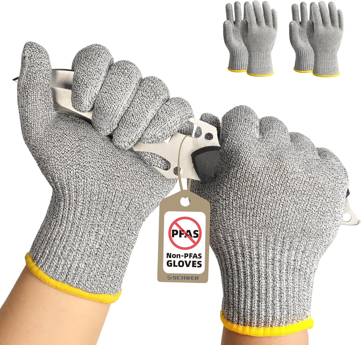 Pair of gray cut-resistant gloves with yellow cuffs holding a sharp blade, labeled non-PFAS gloves